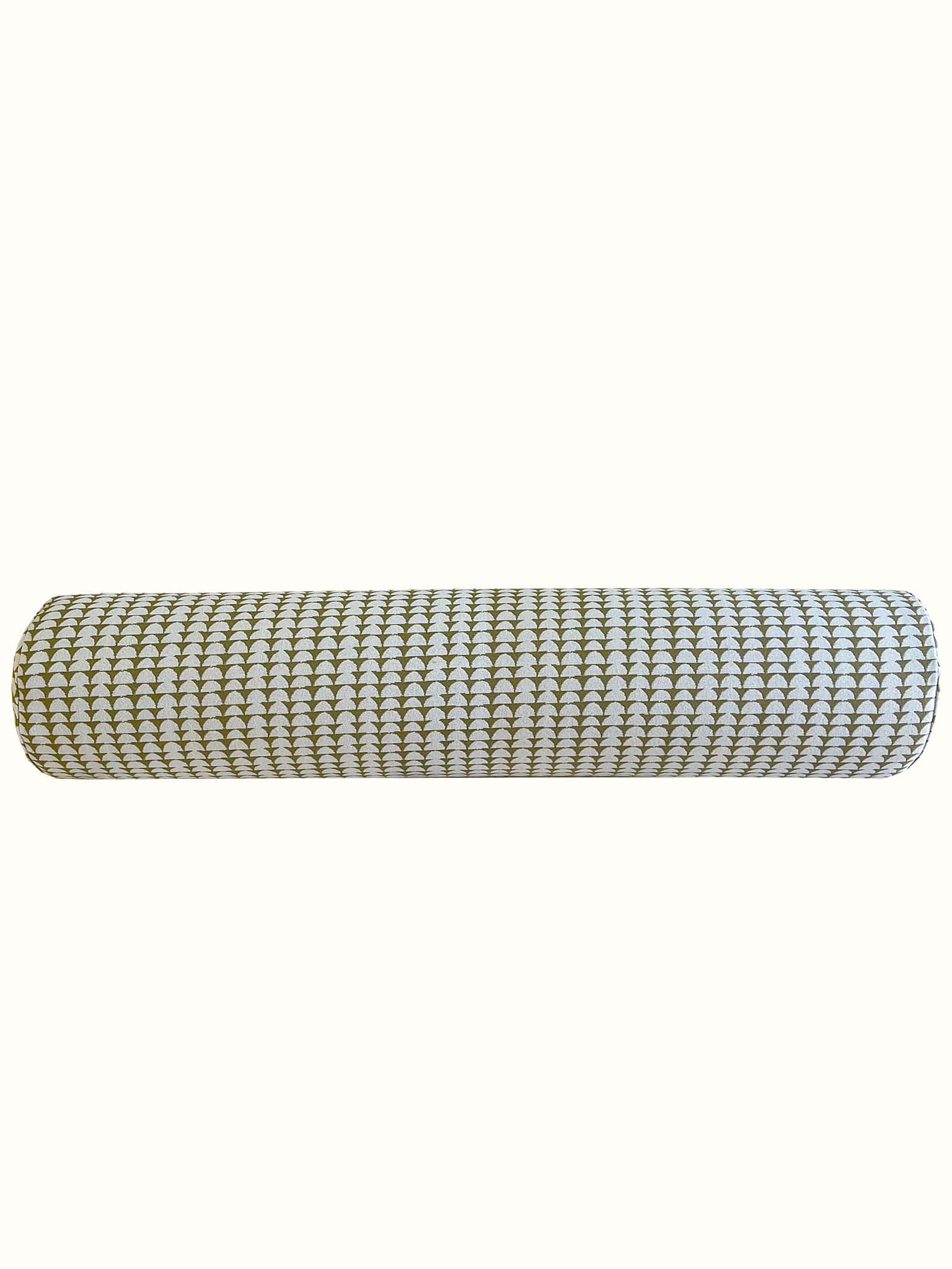 King sized bolster pillow with firm foam insert, designed in modern geometric pattern, in color olive yellow green.