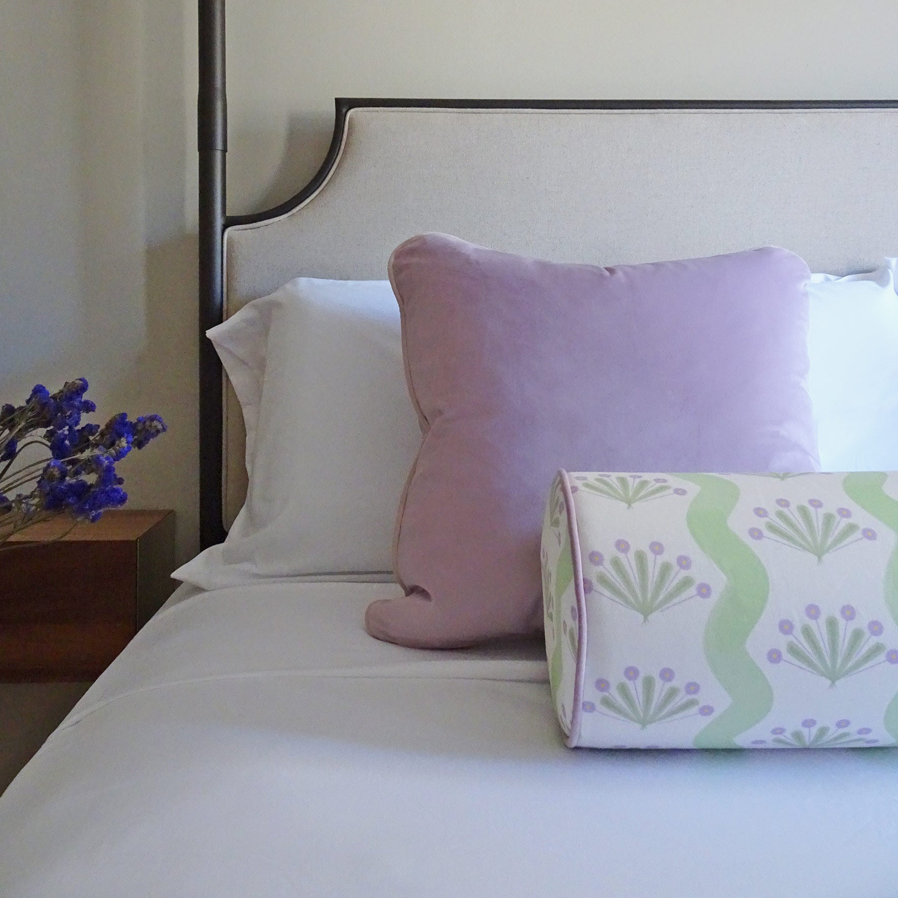 Lilac_green_striped_floral_motif_bolster_pillow_and_velvet_throw_pillow_set_for_bed.jpg