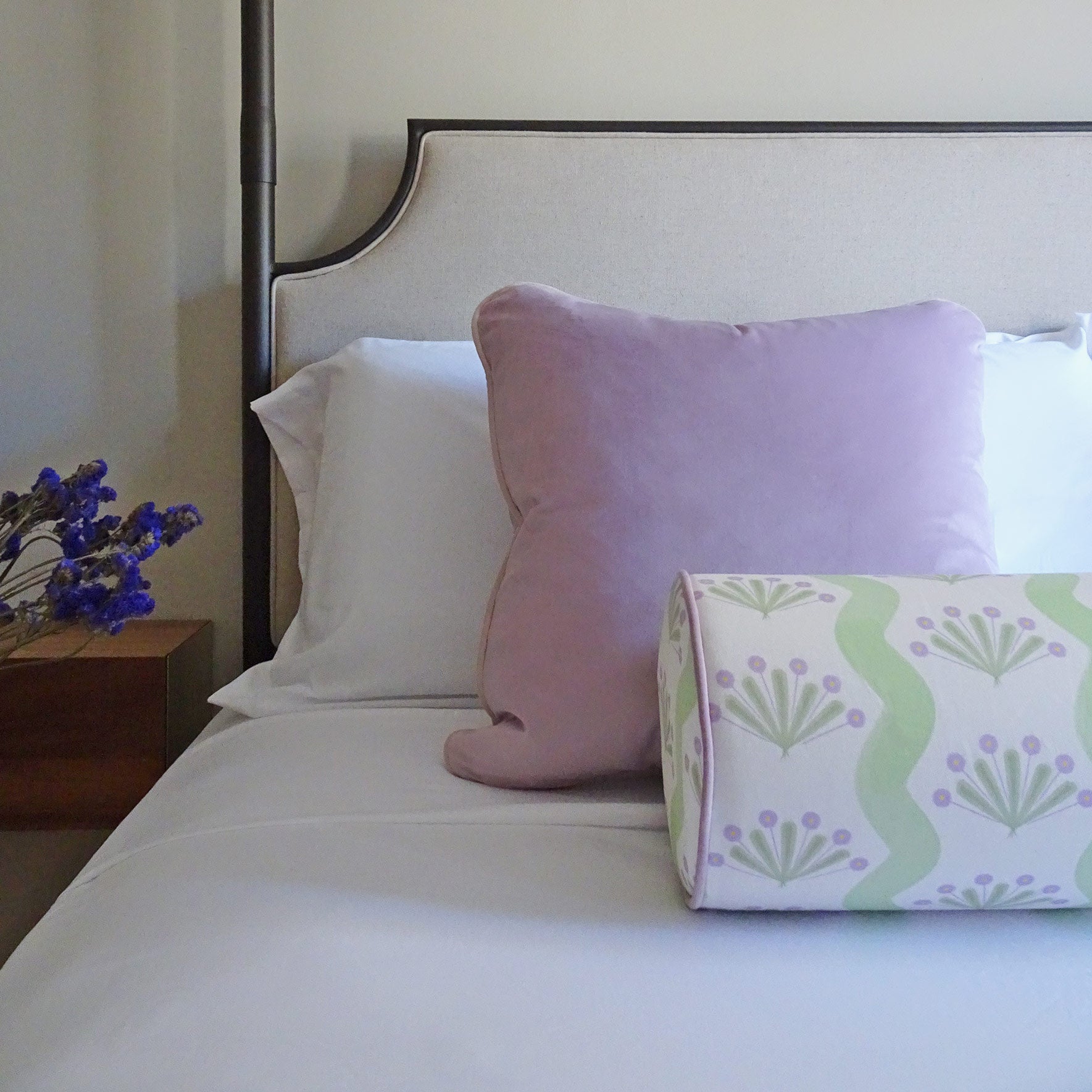 Lilac_green_striped_floral_motif_bolster_pillow_and_velvet_throw_pillow_set_for_bed.jpg