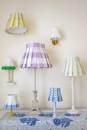 Modern box pleat lampshade in floral patterns, pastel colors, and classic plaid and stripes.