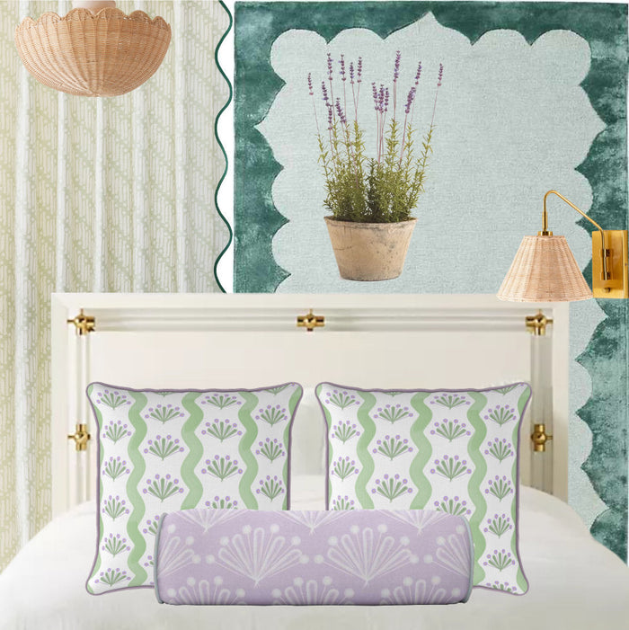 Modern green striped decorative throw pillow combo for bed in green and lilac lavender bedroom