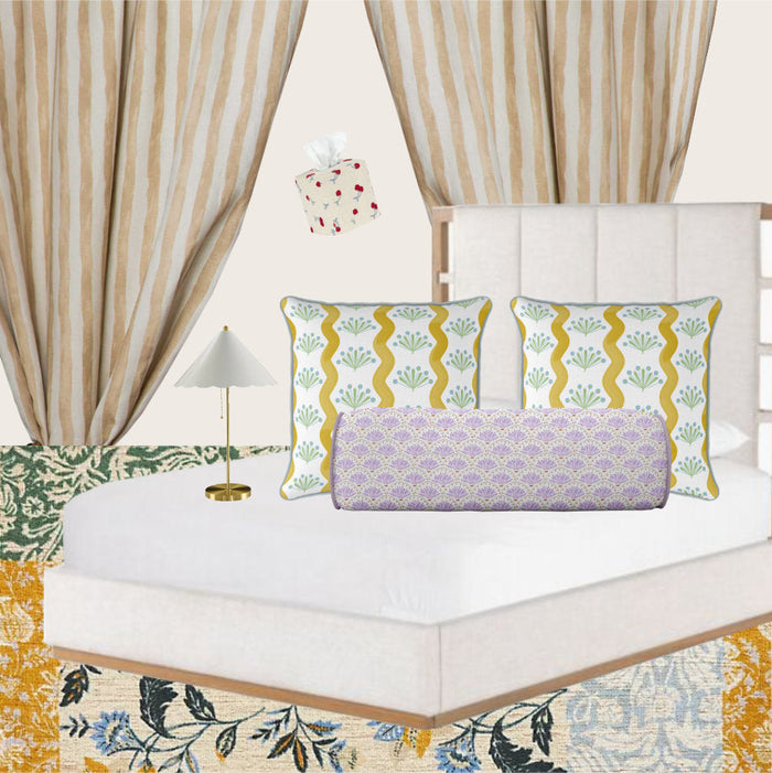 Yellow decorative bolster and throw pillow set for bed in bright cheerful and colorful bedroom style