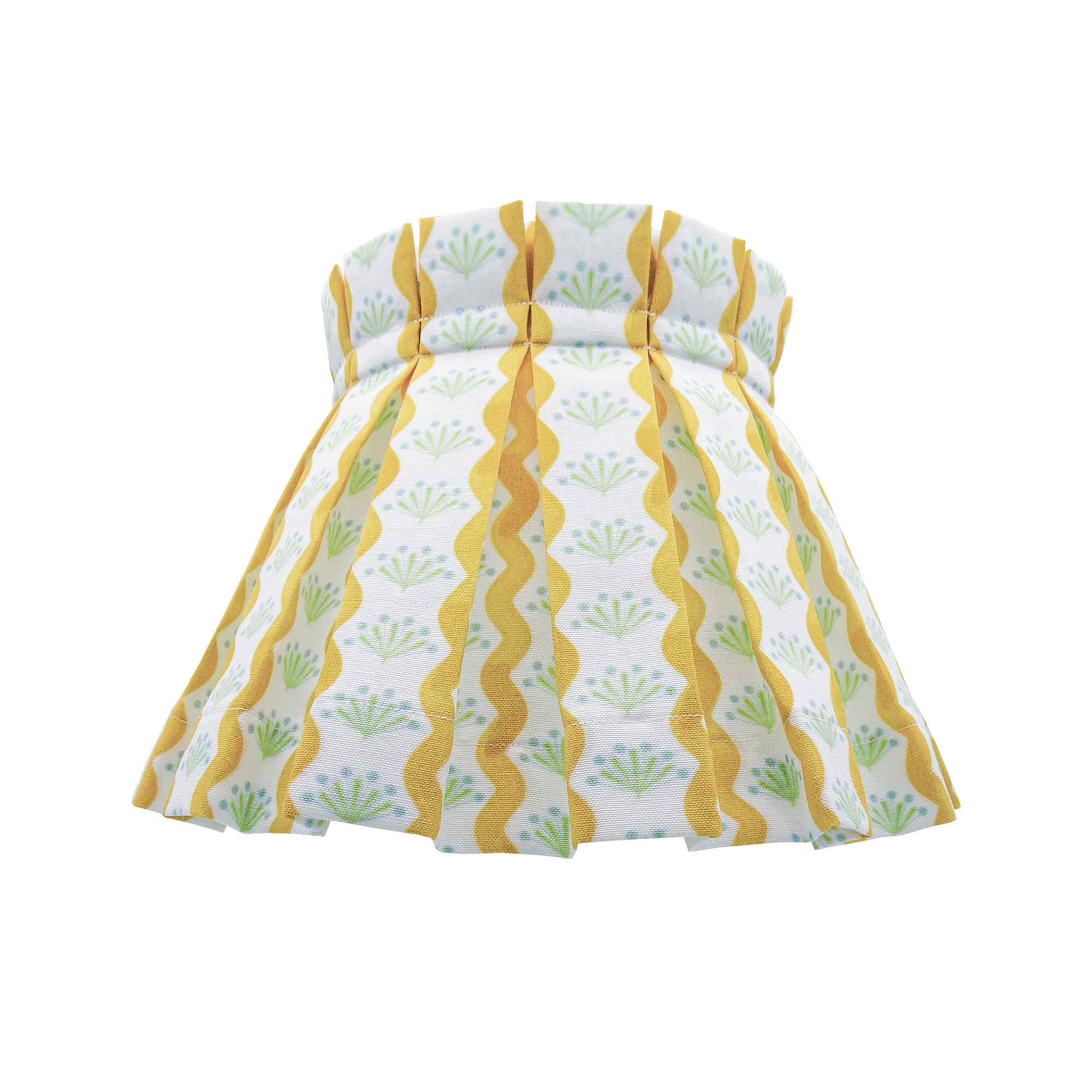 yellow floral motif and wavy stripes lampshade in pleated style gives a english country and french country vibe. Colorful design.