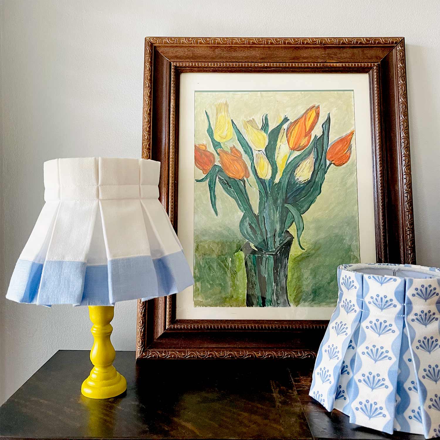 blue and white colorblock and floral lampshades with candle clip on fitter for wall sconce and chandeliers