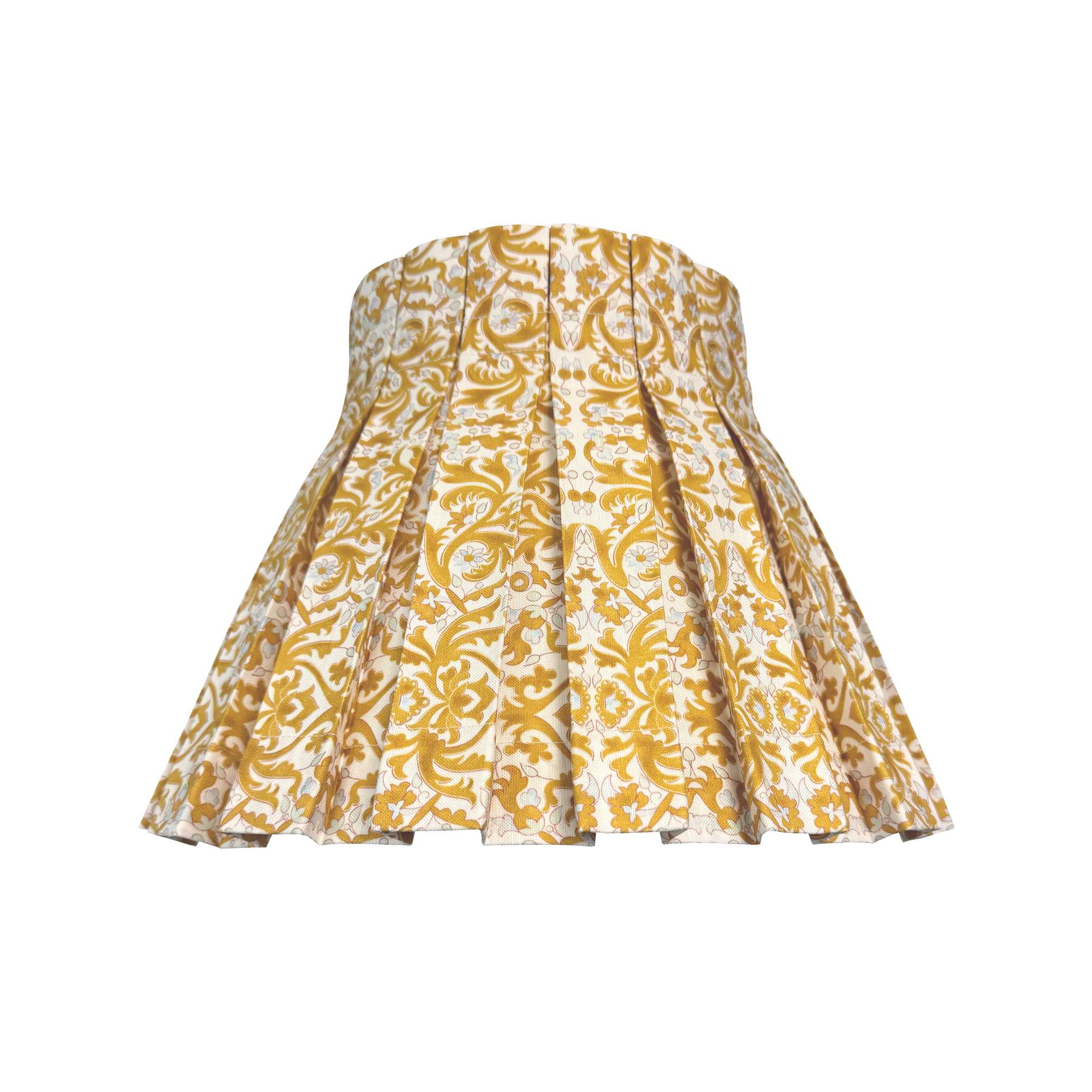Yellow floral patterned decorative lampshade skirt on a white background