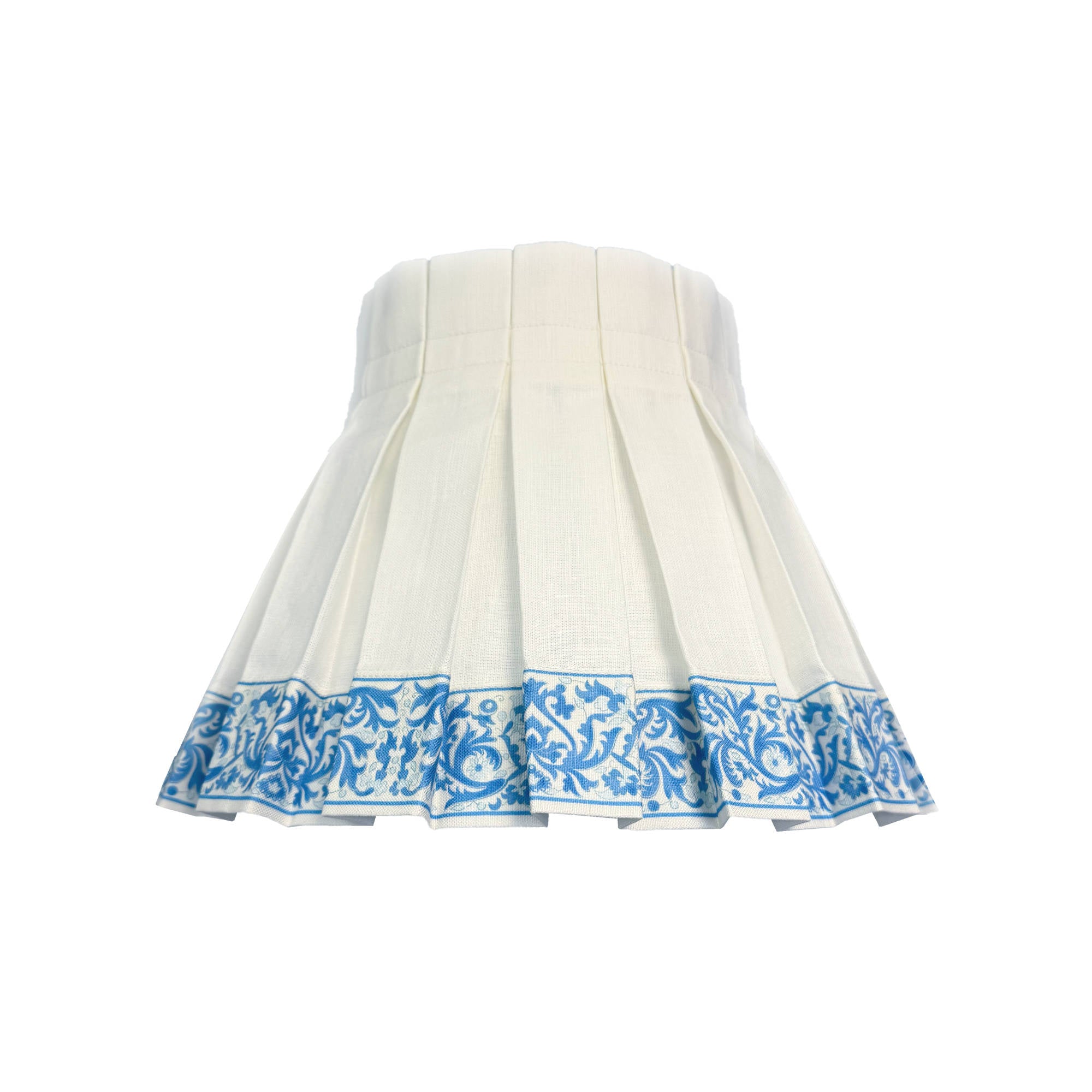White lampshade skirt with blue floral motif wide bottom trim