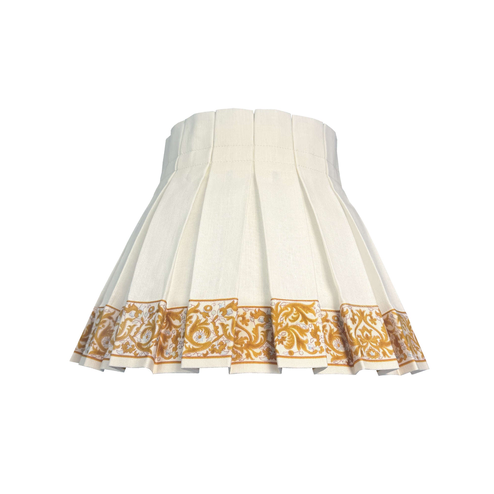 White lampshade skirt with gold and mustard patterned decorative border