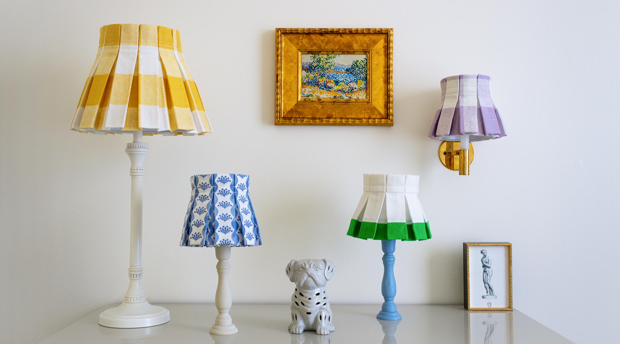 Yellow plaid lampshade, blue floral pattern lampshade, purple plaid lampshade, green lampshade